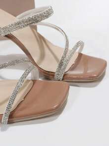 法式方头绑带水钻素色简约优雅仙女风格方头粗跟凉鞋，适合女士，夏季户外时尚法式水钻高跟鞋，适合通勤、约会、商务、购物、派对 - 杏色 - 查看 7