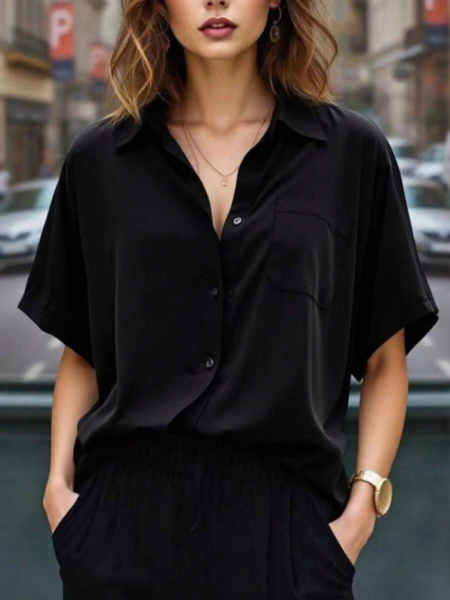 Áo sơ mi ngắn tay nữ kiểu dáng thường ngày, thích hợp cho mùa hè và kỳ nghỉ, màu đen. - màu đen - Xem 1