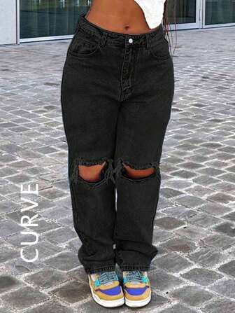 Plus Size Women Y2k Knee Hole Slim Straight Tapered Jeans Mom Denim Pants