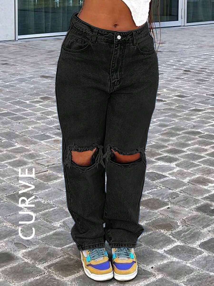 Plus Size Women Y2K Knee Ripped Skinny Straight Tapered Jeans, Mom Jeans Casual Black - Black - View 1