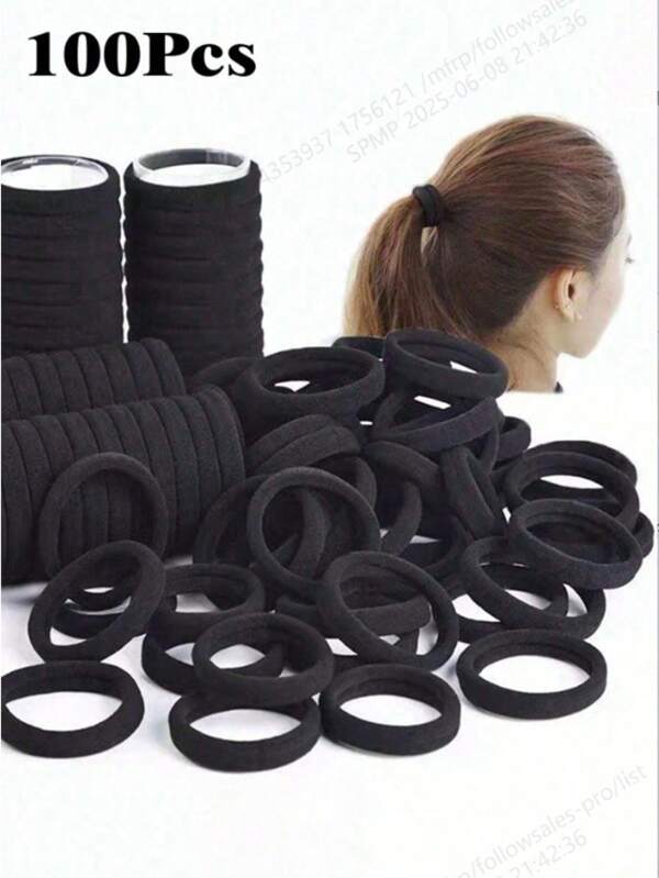 100-200pcs/Set Black High Elasticity Hair Bands, Simple Seamless Hair Ties For Ponytails, Ladies Solid Color Stretchy Hair Accessories, Bathroom Necessities, Comfortable & Durable, Essential For Home & Travel Back To School