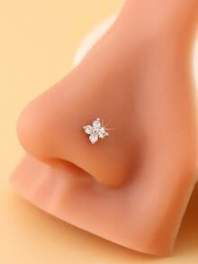 1pc Synthetic Cubic Zirconia L-Shaped Nose Stud, Clover Design, Vintage Elegant Style Minimalist, Suitable For Daily, Vacation, Party Wear, Thanksgiving Gift For Family & Friends - Multicolor - View 2