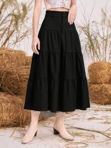 Liu Fashion Women's Solid Color Single-Row Buttons Holiday Casual Long Skirt Elegant Beachwear - màu đen - Xem 2