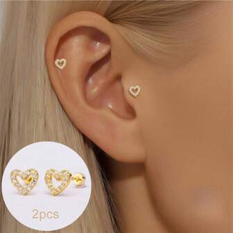 2pcs/6pcs Heart Shaped Cartilage Earrings, 5A Zirconia Flower Stud Earrings In Gold Color, Screw Back Nose Bone Studs, Delicate Jewelry Gift For Women