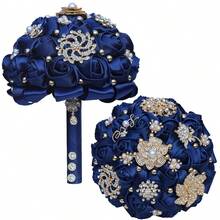 新娘婚礼奢华金叶蝴蝶珍珠花束，大型金钻缎带玫瑰婚礼花束，酒红色布艺永生花，布艺玫瑰人造花束情人节配饰 - 多款 - 查看 19