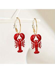 1 对，全新夏季度假海洋风女士耳环，时尚波西米亚海洋生物系列红漆龙虾耳环，非常适合节日派对、生日派对和日常时尚穿着，适合感恩节和圣诞节，送给朋友和同事的最佳礼物