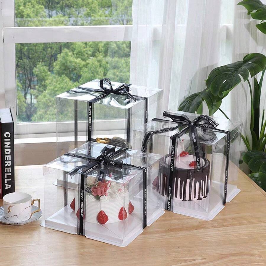 10pcs Transparent Square Cake Boxes, 4/6/8 Inch Dessert Packaging Boxes With Ribbons, Suitable For Birthday Cake Gifts, Wedding Party Sweets Baking Packaging