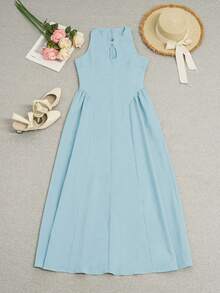 Váy bó eo cài nút 2025, Váy dài phong cách Pháp cổ điển dành cho nữ mùa xuân/hè mới, đơn giản thanh lịch, phù hợp để đi làm, hẹn hò, đi làm, giảng dạy, giải trí - Màu xanh lam - Xem 3