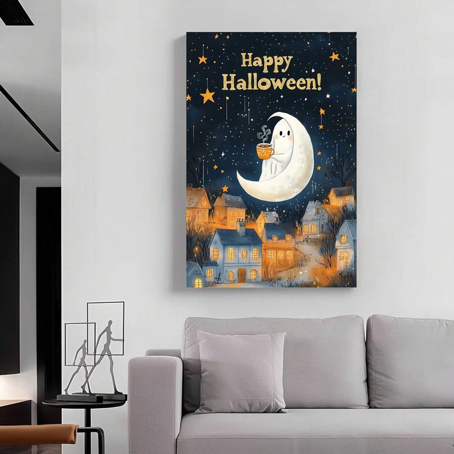1 Piece,Halloween Ghost Drinking Hot Cocoa Around The Stars, Modern Frameless Art Decoration Painting, Printed Posters Mural, Waterproof Canvas,Suitable For Home, Office, Bedroom, Living Room, Study, Bathroom, Bar, Wall Arts And Home Decoration, Is An Ideal Holiday Gift Halloween Decor Fall Decor Room Decor