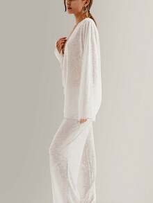 A Set Of Plain-Colored Semi-Transparent Fabric V-Neck Lace Long-Sleeved, Waist-Tied Straight-Leg Pants For Home Pajamas - 白色 - 查看 3