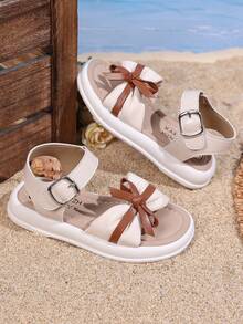 1 Pair Girls Woven Design Casual Soft Thick Sole Sandals, Suitable For 3-15 Years Old, Outdoor Walk, School, Home, Beach, Vacation - Red and White - View 3