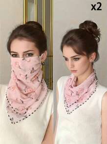 1PC 2025 Summer Sunscreen UV Flower Pattern Veil, Ice Silk Breathable Face Protection Triangle Silk Scarf Women's Ear Hanging Neck