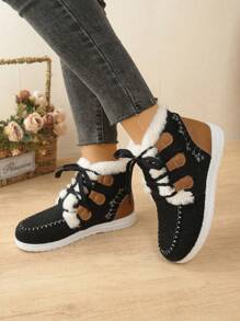 Vintage Plush High-Top Warm Women Snow Boots, Autumn/Winter Padded Thick Lace-Up Anti-Slip Boots, Indoor/Outdoor Women Snow Boots