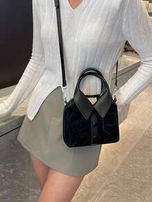 1个不对称PU皮革单肩斜挎包，时尚别致风格，独特简约方形手提包 - 黑色 - 查看 7