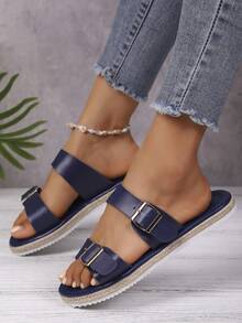 女士新款编织外底，轻便舒适，休闲度假人字拖 - 藏蓝色 - 查看 4