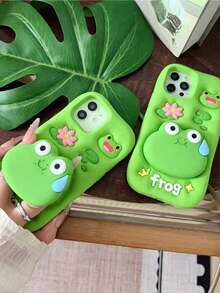 1pc Fashionable 3D Silicone Cartoon Cute Frog Expandable Stand Shock-Proof Phone Case Cover Compatible With Iphone 11/12/13/14/15/16/Pro Waterproof Anti-Fall Scratch Resistant - Green - View 4
