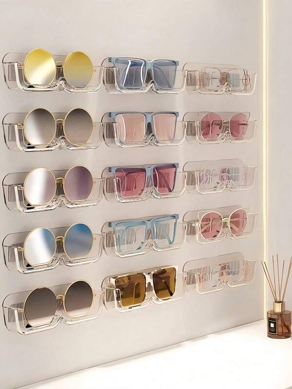 Organizador de almacenamiento de gafas montado en la pared - Instalación sin taladro Estuche de exhibición de acrílico transparente con tapa de bloqueo seguro, estante flotante de uso múltiple para gafas, joyas y pequeños decorativos - Organizador transparente de cristal montado en la pared para sala de estar, oficina, dormitorio