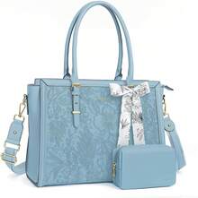 MOSISO Laptop Bag Women, PU Leather Tote Bag, Front Embossed Retro Hibiscus Computer Bags With Silk Scarf&Clutch Purse - 藍航 - 查看 9