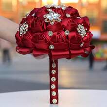 新娘婚礼奢华金叶蝴蝶珍珠花束，大型金钻缎带玫瑰婚礼花束，酒红色布艺永生花，布艺玫瑰人造花束情人节配饰 - 多款 - 查看 6