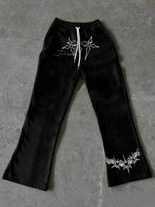 男士复古风格休闲宽松运动裤，秋冬长裤运动裤，纯色十字印花喇叭裤，纯黑色派对街头风抽绳腰部运动裤，男士慢跑裤，抽绳腰部长喇叭裤，外出哥特朋友，返校，情绪，2000 年代风格 - 黑色 - 查看 2