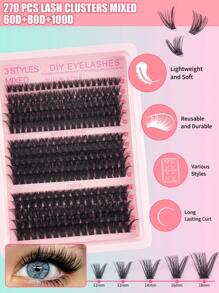 300pcs/DIY Mink Eyelash Extensions, 30D/40D/50D/60D/80D/100D Fluffy Individual Lash Extensions For Volume, 5D Effect 0.07mm Curly Dramatic Eyelash Extensions 8-16mm Mixed Tray, Makeup Tools, Bulk Personal Lash Extensions Suitable For Daily Makeup And Role Play, Reusable