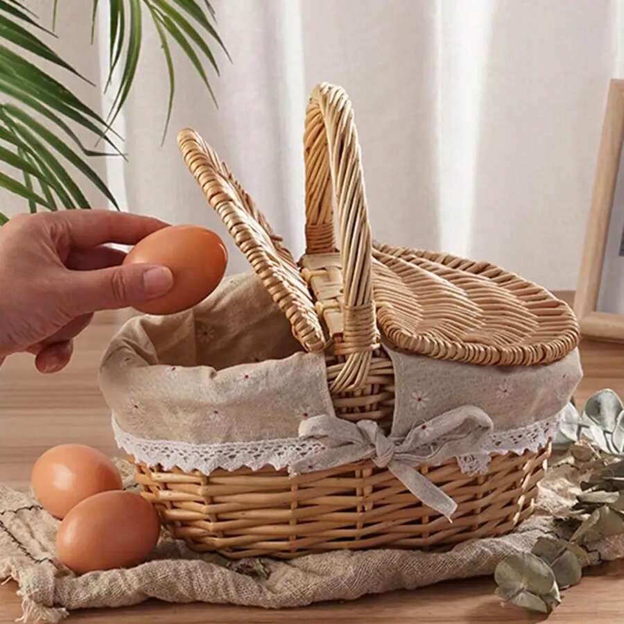 Cesta de picnic de mimbre hecha a mano con tapa y asa, forro lavable, cesta de almacenamiento de mimbre adecuada para camping al aire libre - Marrón - Ver 1