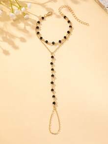 1 件串珠连接手指手镯女士女孩礼物性感波西米亚双层链条手链朋友聚会手饰 - 金黃色 - 查看 2