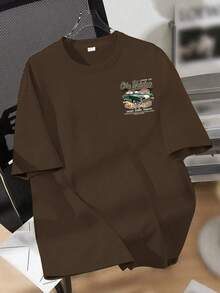 青少年男孩卡通汽车和标语图案圆领短袖休闲T恤 - 棕色 - 查看 3