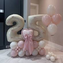 69 Stücke Elfenbein-Zahl-Ballonsatz, enthält 32 Zoll (81,28 cm) elfenbeinfarbeneFolie Ziffernballons, beige und hellrosa runde Latex-Ballons mit rosa Schleifen-Deko, geeignet für Jahrestag, Geburtstag, Hochzeit, Abschluss, Feiertag und Partydekoration