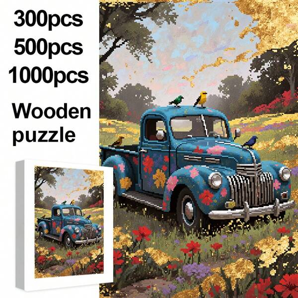 1000/500/300pcs Vertical Wooden Puzzle For Adults, Vintage Floral Car Landscape, Rustic Healing Style To Improve Mood And Memory, Challenge Thinking And Manipulation Skills, Suitable For Game Night, Indoor Wall Decor, Best Holiday Gift