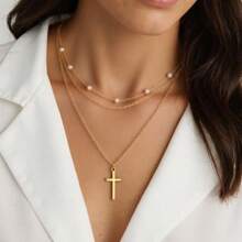 Colar dourado em Y com strass e pérolas artificiais, design elegante, adequado para uso diário feminino, presente de amizade, festa, acessórios de joalheria premium, colar multicamadas de aço inoxidável