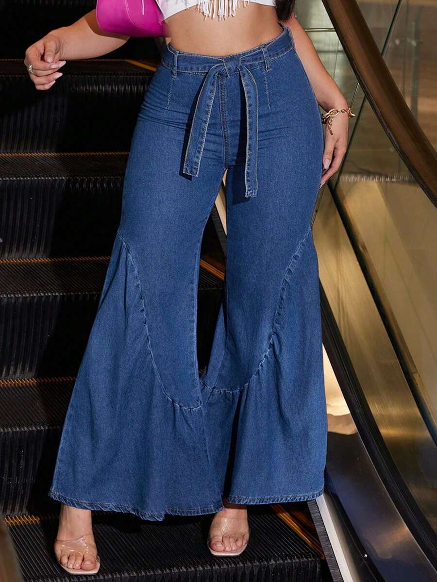 Quần jeans nữ cạp trung dáng ôm, ống loe, phối nhiều mảnh vải, co giãn, nhún bèo, thắt eo, thời trang thanh lịch, phong cách thường ngày, thích hợp cho mùa xuân. - Rửa trung bình - Xem 1