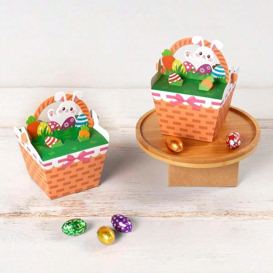 10 Easter Baskets. Easter Candy Gift Boxes. Paper Easter Gift Baskets With Handles, Featuring Easter Bunnies And Carrots, Suitable For Gift Packaging In Easter Egg Hunt Activities. - Yellow - View 1