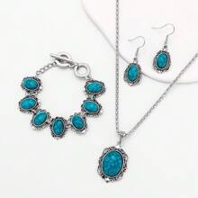 Un conjunto de cuatro piezas de pendientes ovalados grandes de aleación con estilo bohemio, un collar y una pulsera. Juego de cuatro pendientes con estilo occidental para mujer, adecuado para reuniones diarias