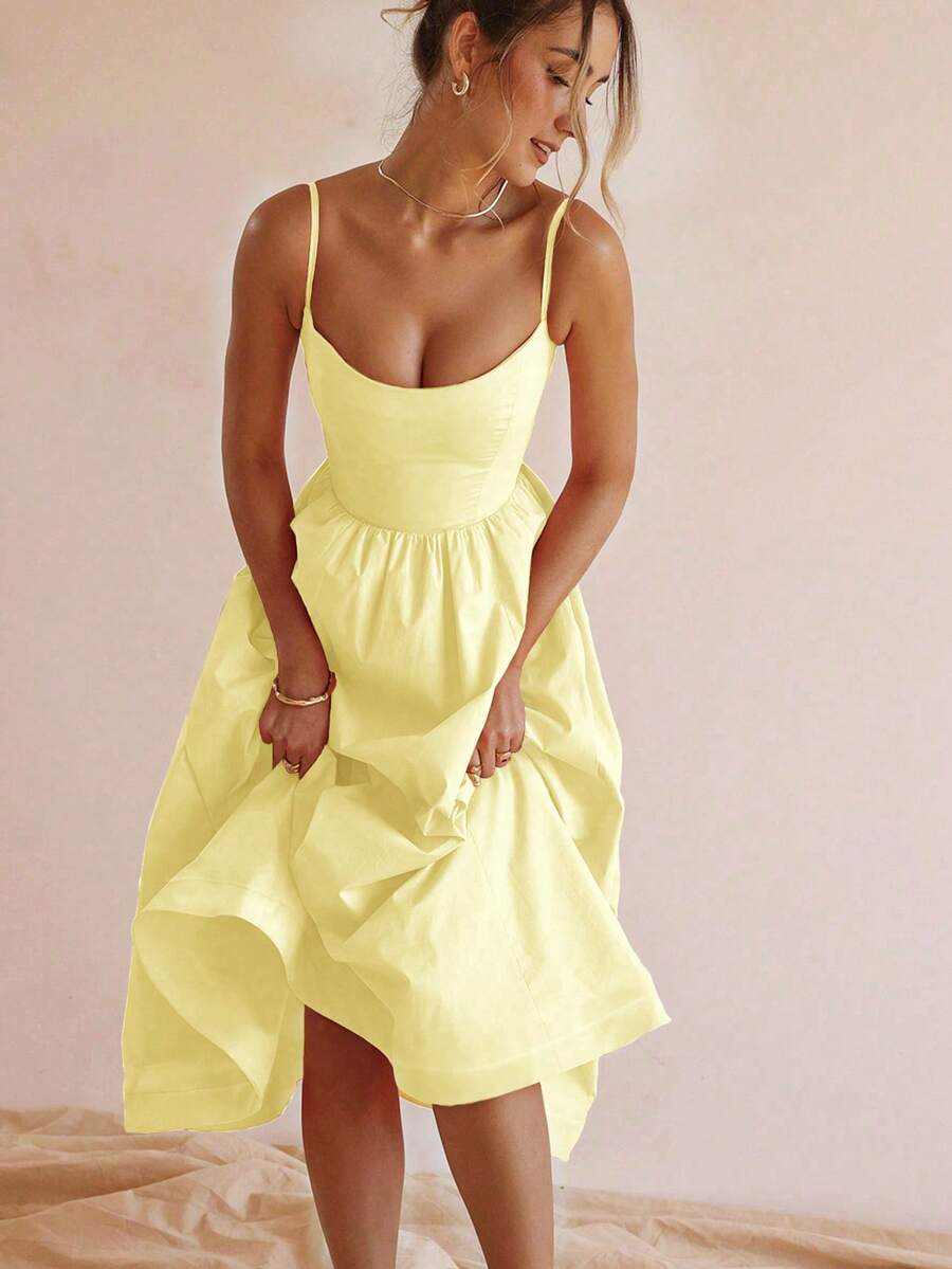 Vestido de fiesta elegante de verano con cuello en U, drapeado y bajo acampanado de unicolor
