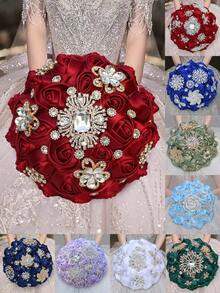 新娘婚礼奢华金叶蝴蝶珍珠花束，大型金钻缎带玫瑰婚礼花束，酒红色布艺永生花，布艺玫瑰人造花束情人节配饰 - 多款 - 查看 12