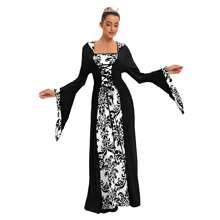 Bestseller mode femme européenne et américaine pour dîner, robe ample à capuche médiévale, cravate imprimée rétro artistique à manches longues, taille cintrée pour Halloween