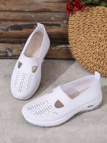 女士时尚百搭厚底乐福鞋，镂空纯色一脚蹬休闲运动鞋，防滑透气面料鞋，适合派对、聚会、室内、通勤、中性风格、春秋季