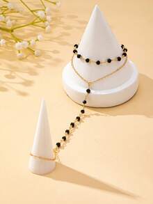 1 件串珠连接手指手镯女士女孩礼物性感波西米亚双层链条手链朋友聚会手饰 - 金黃色 - 查看 5