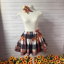 Saia Flanela Xadrez Cobre/Preta/Branca Junina com Tiara Adulto