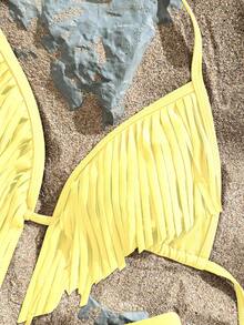 Bikini hai mảnh tua rua màu trơn gợi cảm mùa xuân/hè mới cho nữ đi biển - Màu vàng - Xem 4