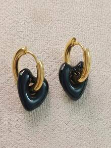 Pendientes clásicos retro desmontables con corazón para mujeres, colgante con forma de corazón simple y de moda de acero inoxidable que no se descolora, clips de oreja de color bloque, joyería de San Valentín, para mamá, madre, Día de la Madre, regalo - Multicolor - Ver 16
