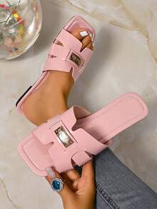 女士春夏时尚休闲系带平底拖鞋，舒适户外拖鞋，简约设计沙滩鞋 - 粉色 - 查看 2