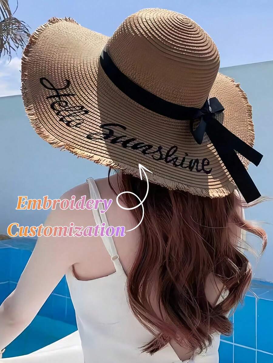 Customized Embroidered Straw Beach Hat, Fashionable Influencer/Celebrity Style Embroidered Straw Hat, Bridal Hat, Honeymoon Hat, Bridal Party Hat, Straw Hat, Sun Hat, Summer Hat Gift. Customized Embroidery Of Your Preferred Logo, Letter Or Name, Suitable For Spring, Autumn And Summer. Suitable For Fitness, Outdoor, Camping, Beach, Hiking, Travel, Art And Photography. - Multicolor - View 1