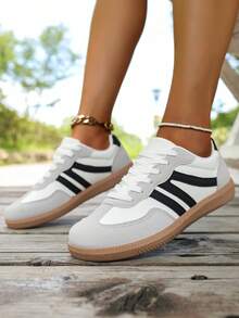 拼色运动鞋 - 拼色休闲运动鞋 - 系带、轻便、软底 - 散步、滑冰、日常穿着 - 女士 - 舒适、时尚、百搭 - 迈向时尚与舒适 - 白灰 - 查看 4