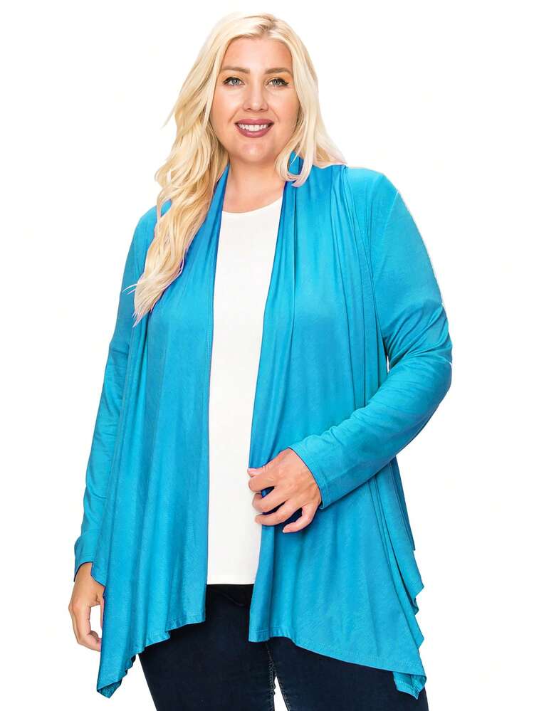 Plus Size Casual Long Sleeve Drape Open Front Cardigan Lightweight Comfortable Layer  Plain    Casual  Boho    Asymmetrical - Turquoise - View 2