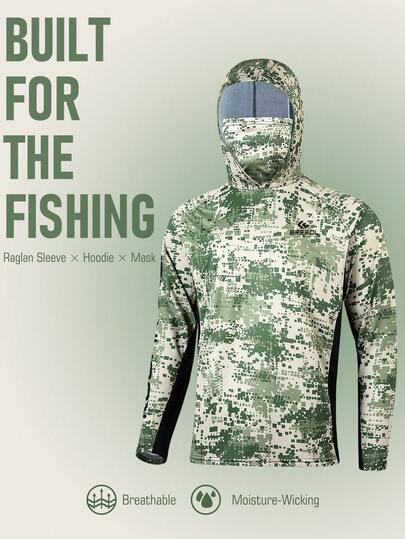 Herrtröja med hög prestanda och huva för fiske, inbyggd damask, mjukt och andningsbart tyg, kamouflagedesign, UV-skyddande fiskekläder