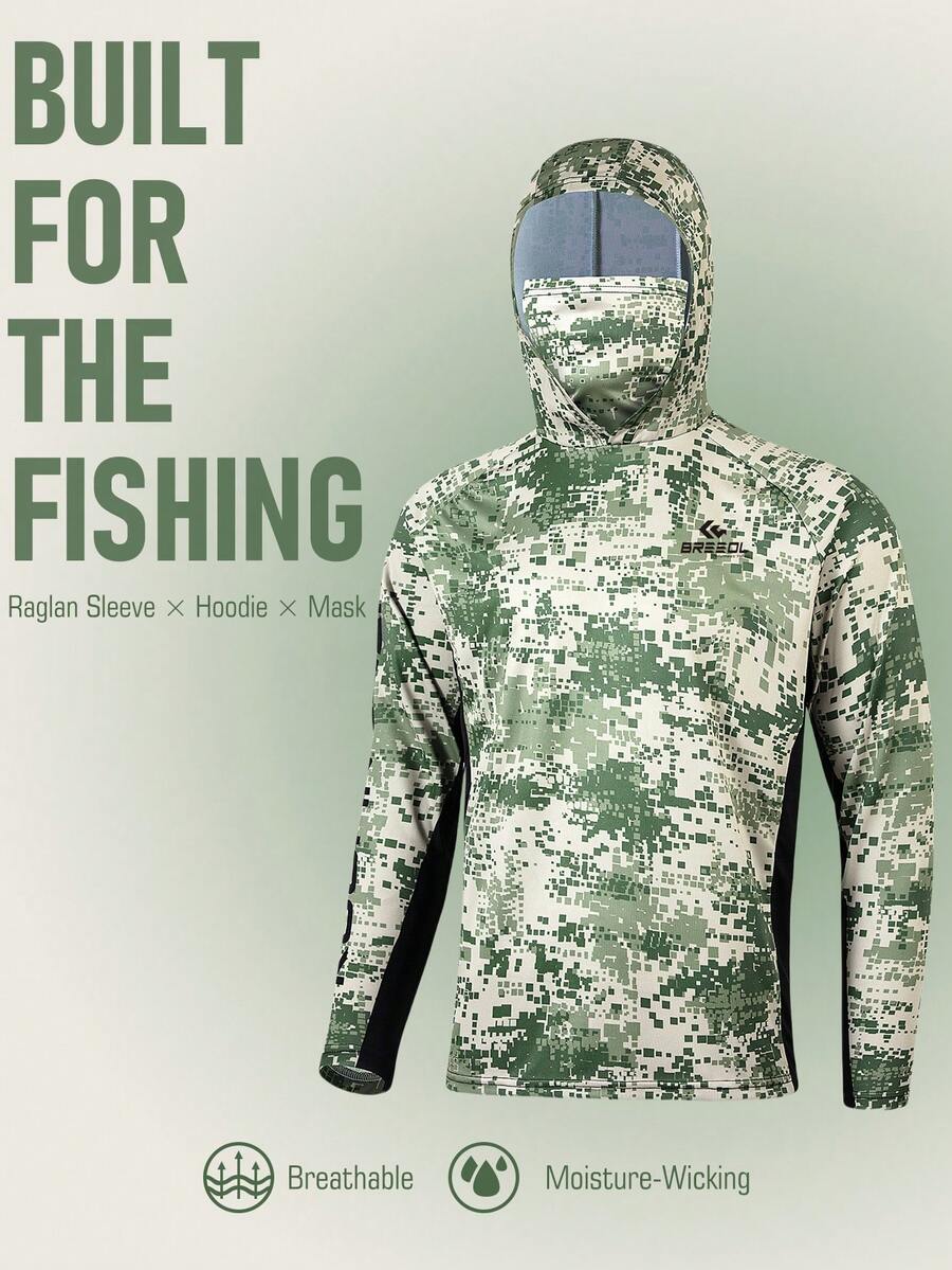 男士高性能连帽钓鱼衬衫，内置绑腿，柔软透气面料，迷彩设计，防紫外线钓鱼服