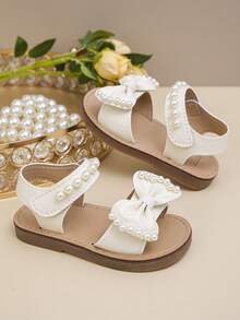 Girls' Fashion Adorable Big Bow Pearl Decor Outdoor Flat Sandals, Soft & Comfortable - Beige - View 6