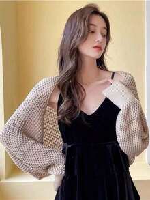 1pc Women's Spring/Summer Honeycomb Sleeve Cape Shawl With Knitted Collar & Hollow Out Detailing, Fashionable Outerwear Accessories Women For Dress - Multicolor - View 4